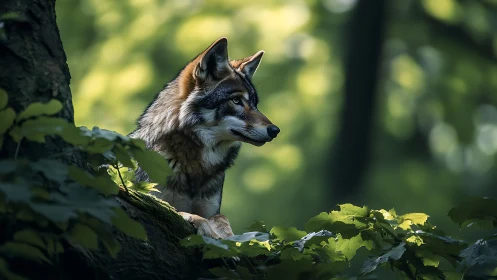 Wolf standing alert in dense green forest habitat.