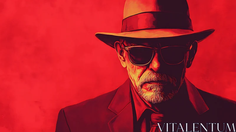 Mysterious older man in red fedora under intense red light.