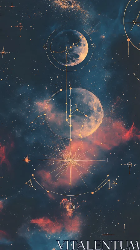 Celestial schematic aligns twin moons with radiant astral core