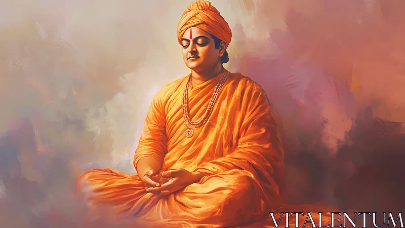 Digital painting of meditative monk in warm tonal abstraction.