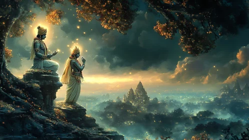 Divine figures overlooking illuminated ancient fantasy city.
