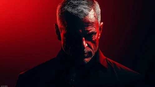 Brooding silver‑haired man in dramatic red key lighting.