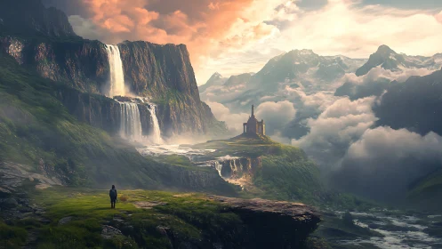 Solitary traveler before misty waterfalls and mountain temple.