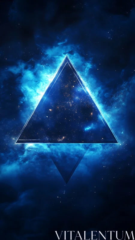 Glowing blue triangle portal floating in deep space