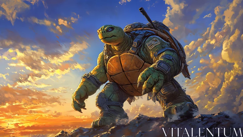 Armored mutant turtle warrior under dynamic sunset sky