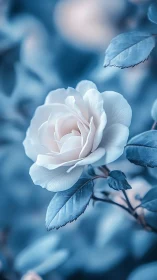 Delicate white rose blooms against cool blue tones