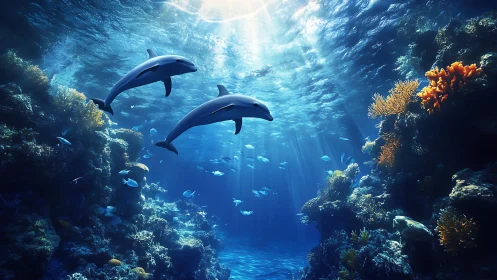 Two dolphins swimming over colorful coral reef seascape.