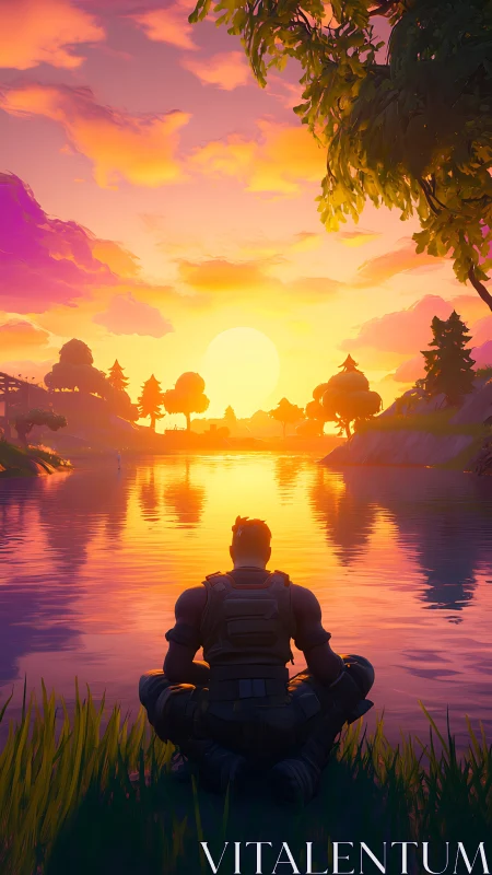 Quiet gamer unwinds by a glowing lakeside sunset sky.