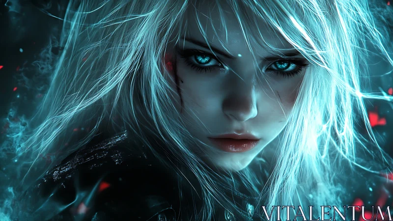 Cybernetic-eyed femme antihero under teal bioluminescent haze