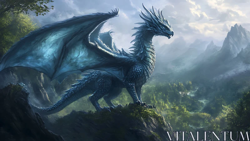 Iridescent blue dragon dominates misty valley from rocky outcrop