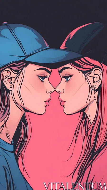 Mirror-girl standoff in neon caps and electric whispers.