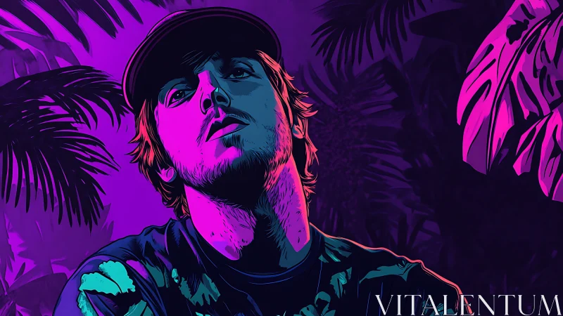 Portrait of a man in neon-lit tropical environment is shown