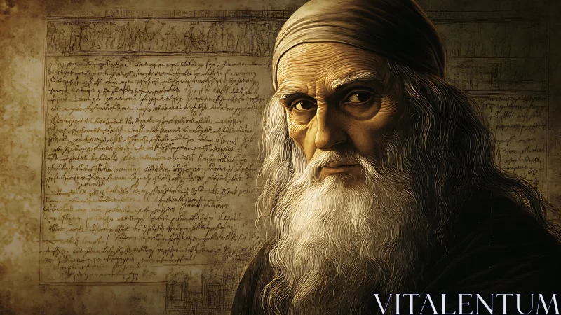 Renaissance elder portrait with illuminated manuscript backdrop.