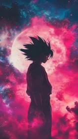 Saiyan silhouette resting beneath a glowing cosmic moon.