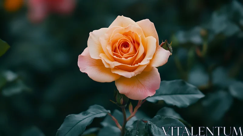 Peach Rose Bloom Against Dark Foliage. Soft Gradient.