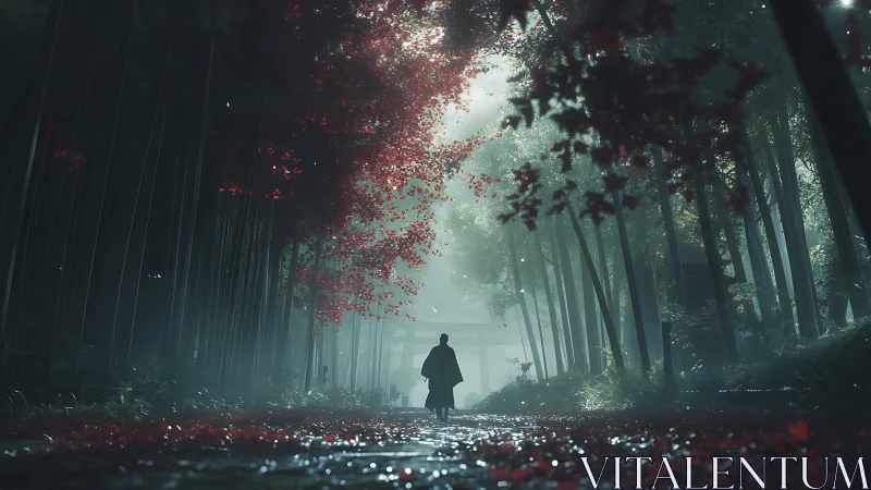 Solitary Figure in Illuminated Forest Corridor.