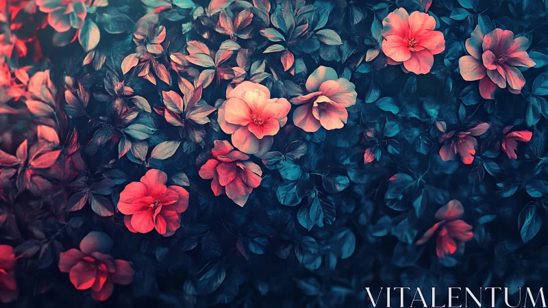 Neon-lit coral blossoms over teal foliage in digital bloom.