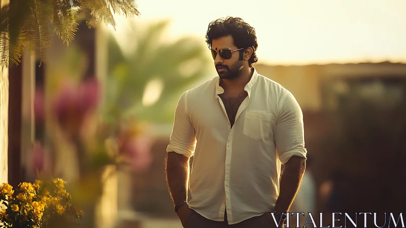 Man in white shirt walking outdoors at golden hour light.