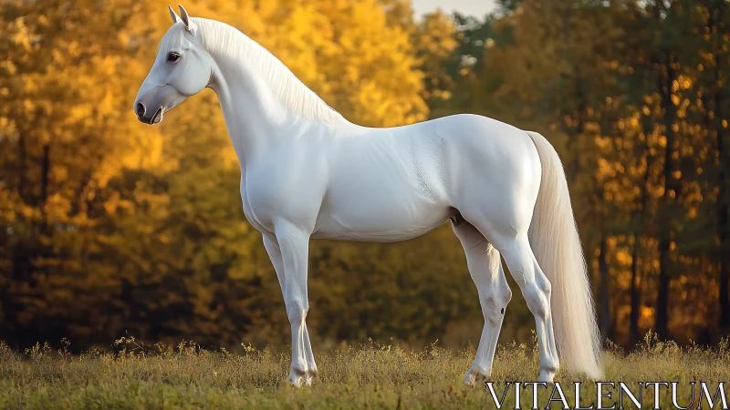 Photorealistic white stallion profile against autumn bokeh backdrop.