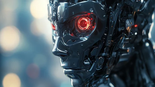 Chrome humanoid robot head with intense red illuminated eye