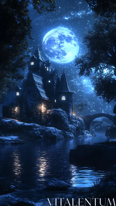 Moonlit riverside manor under dense starfield with blue volumetric light
