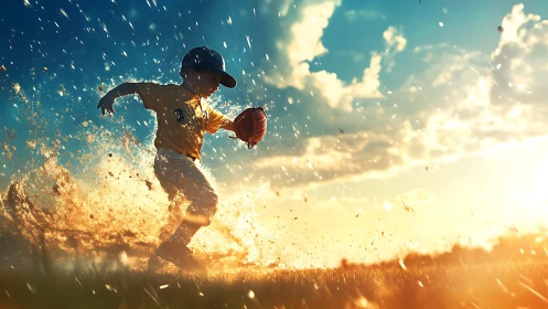 Backlit child baseball runner kicks dynamic sand spray at sunset