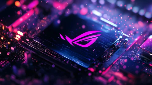 Futuristic gaming motherboard close-up with neon lighting effects.