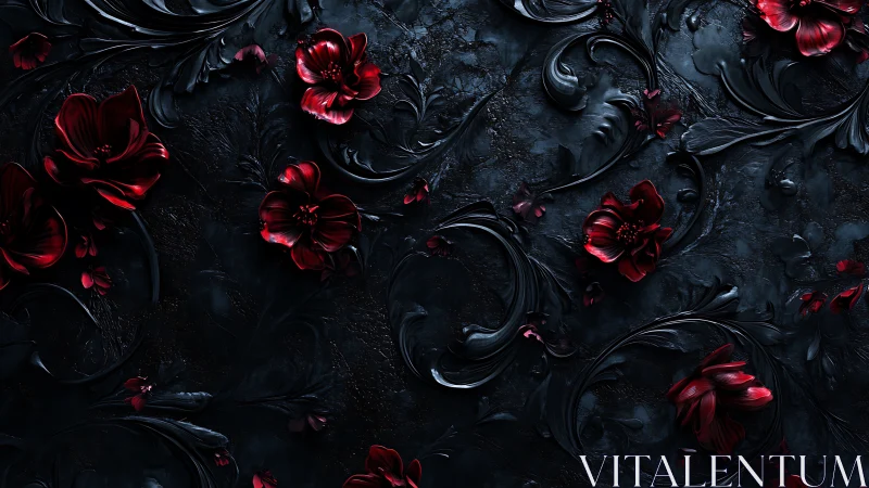 Dark baroque floral relief with crimson blossoms pattern.