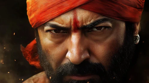 Close frontal portrait of man in red headscarf, intense gaze.