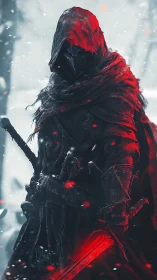 Hooded armored figure holds glowing red sword in snow
