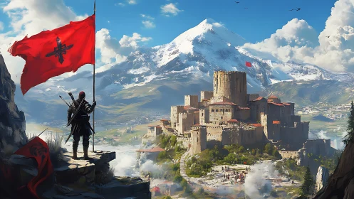 Warrior overlooking fortified mountain citadel landscape.