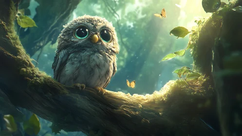 Adorable baby owl in magical forest, fantasy digital art rendering.