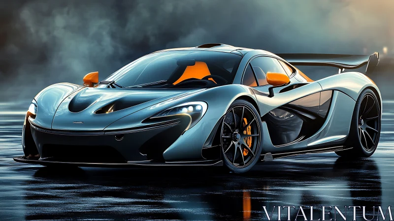 Sleek silver hypercar sits poised on a rain soaked track at dusk