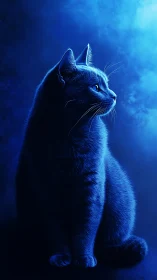 Neon Cat Portrait in Electric Blue Luminescence.