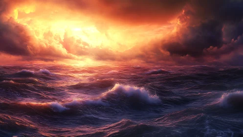 Storm-tossed ocean under blazing sunset sky glows