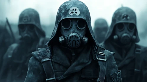 Gas-masked soldiers advancing through toxic battlefield fog.