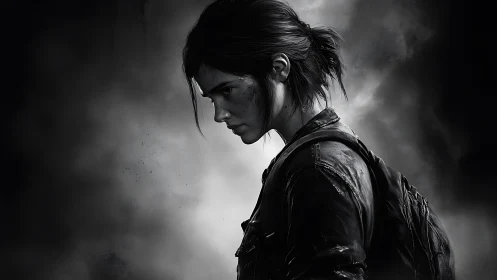 Stormlit survivor girl framed in brooding monochrome haze.