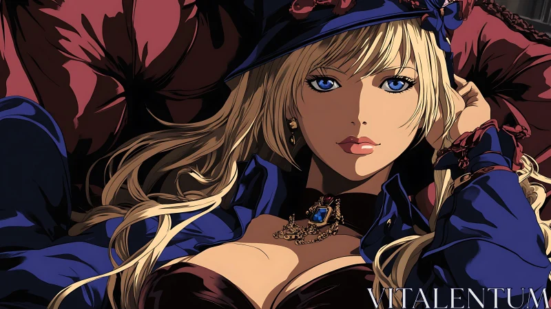 Elegant blonde anime woman reclines in rich crimson shadows
