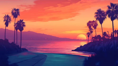 Neon coastal sunset with silhouetted palms and radiant sky.
