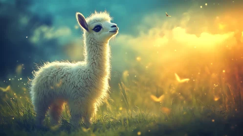 Baby llama in glowing meadow light chasing tiny wonders.