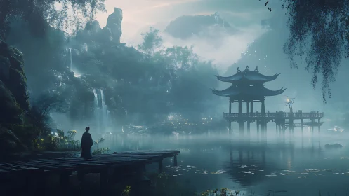 Misty lakeside temple glows softly in a tranquil mountain dawn