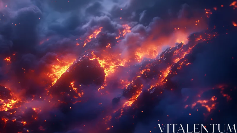 Volcanic eruption with lava and atmospheric particulates.