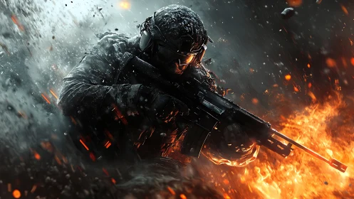 Storm-forged soldier diving through firelit battlefield chaos.