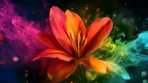 Chromatic lily bloom with volumetric nebula plumes rendered.