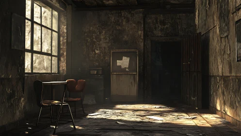 Sunlit abandoned room captures eerie post-apocalyptic stillness.