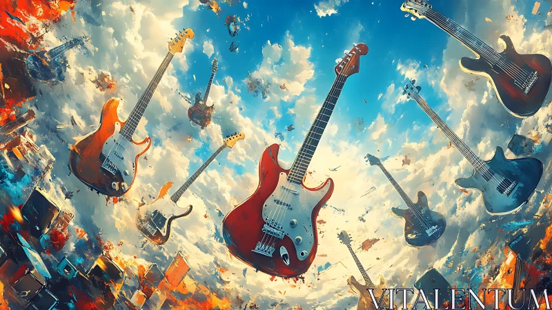 Electric guitars drift through a sky stormed by liquid sound