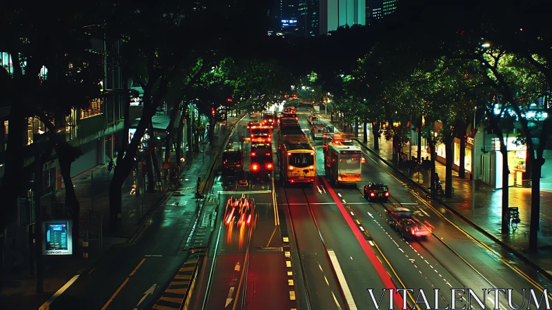 Nighttime urban avenue with traffic and illuminated trees.