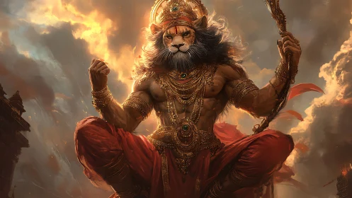 Mythic lion-headed warrior in dynamic mid-air combat stance