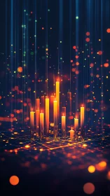 Glowing data candles rise in a vibrant digital nightscape