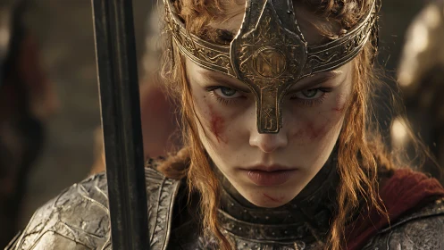 Young armored warrior stares forward with intense focus